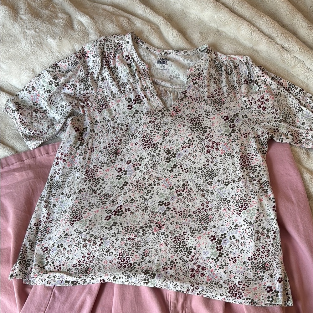Lands' End Pink and White Floral Blouse